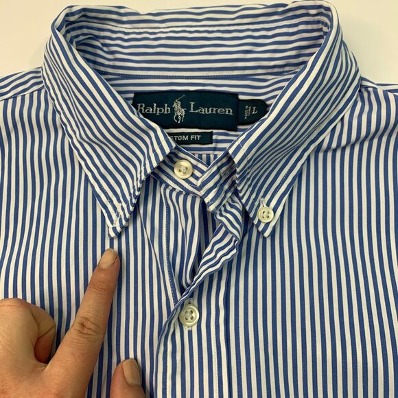 Ralph Lauren Shirt Mens L Large Cadet Blue Button Down Custom Fit Striped *READ - Picture 6 of 11